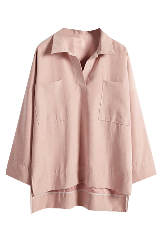 

Lapel Double Pockets Plain Long Sleeve Blouse, Pink