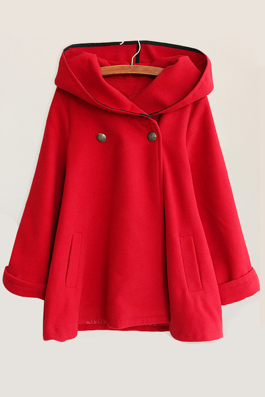 

Fashion Double Breasted Hooded Long Sleeve Plain Cape with Two Pockets, Red
