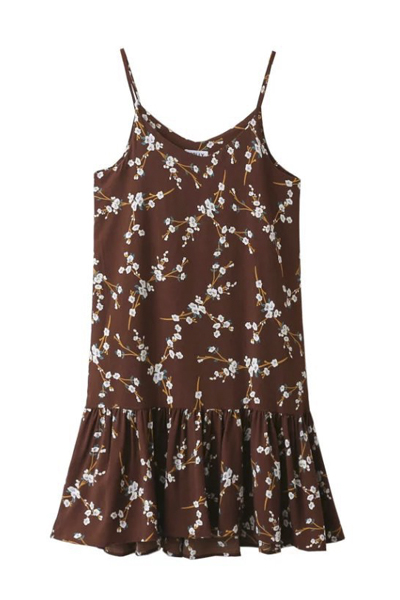 

New Style Floral Print Fishtail Hem Casual Spaghetti Straps Maxi Slip, Brown