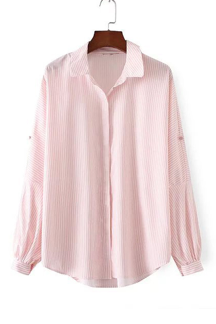 

Vertical Striped Lapel Batwing Long Sleeve Single Breasted Plain, Pink