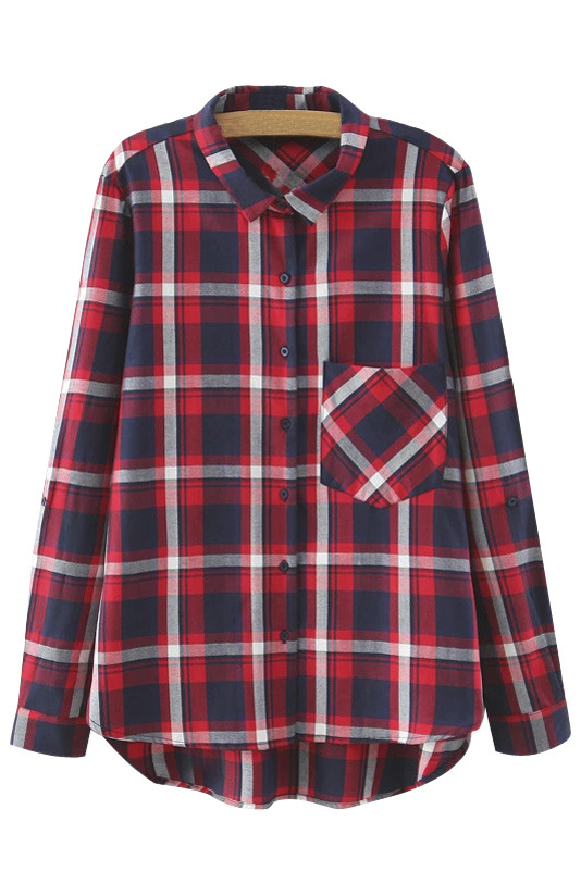 

Lapel Single Pocket Dip Hem Plaid Button Down Shirt
