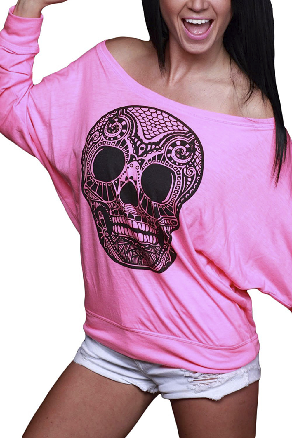 

Women's Skull Printed T Shirt Casual Loose One Shoulder Long Sleeve, Pink