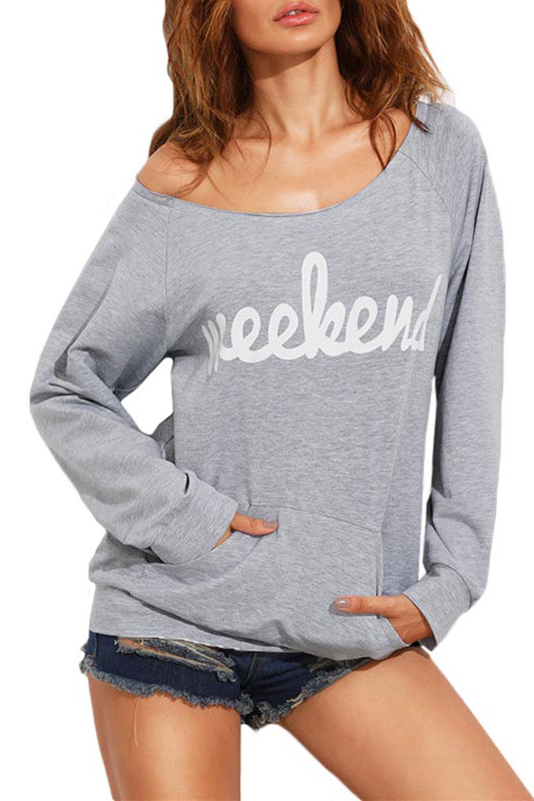 

New Arrival Off the Shoulder Long Sleeve Letter Print Casual, Gray