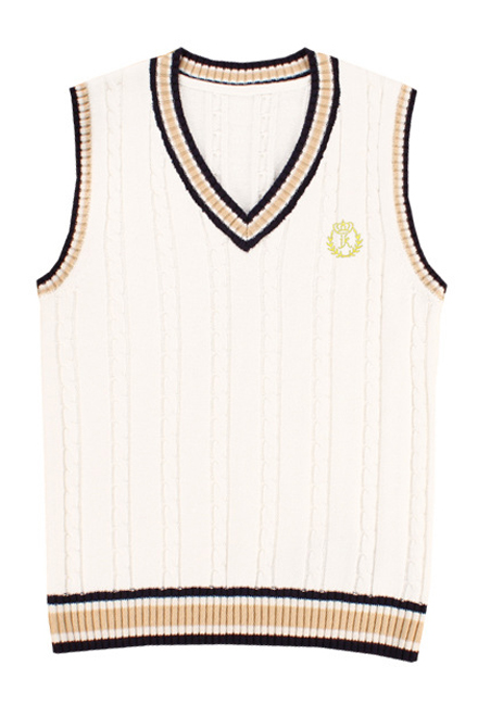 

Classic Uniform V-Neck Sleeveless Color Block Letter Embroidered Vest, White