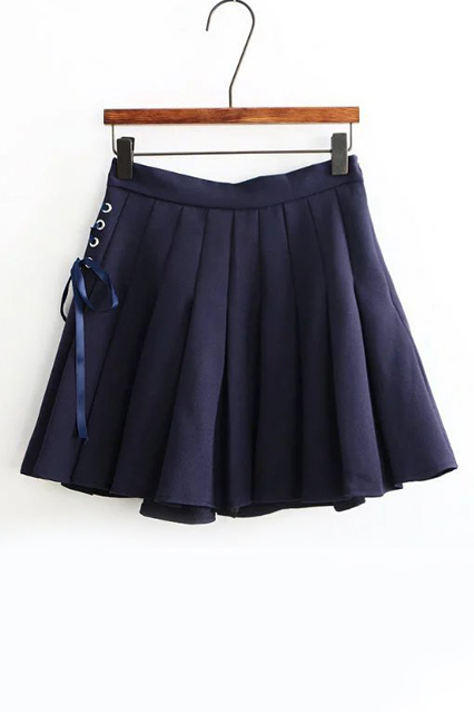 

High Rise Lace-Up Side Grommet Plain A-Line Pleated Skirt, Navy