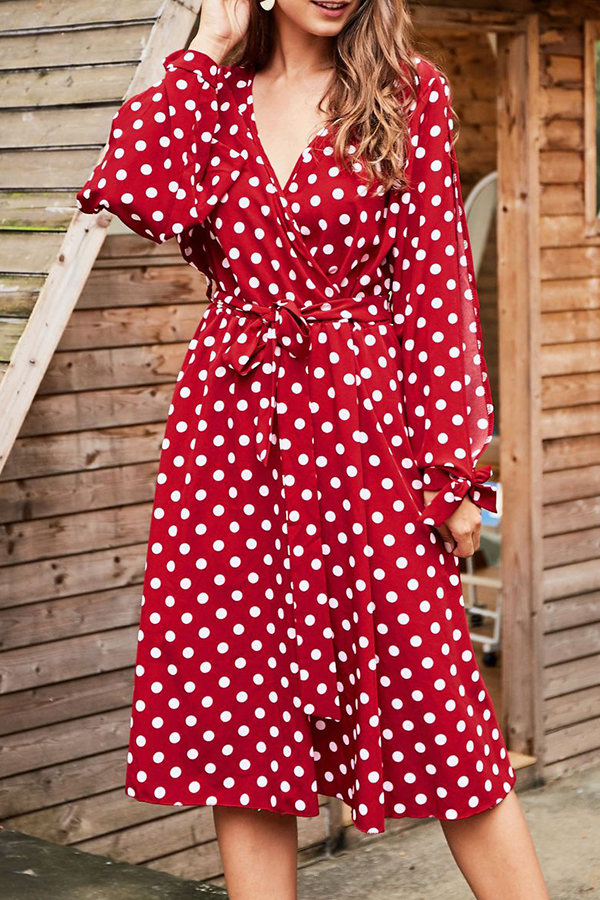 red wrap dress polka dot