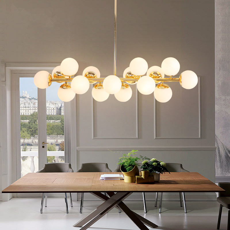 Linear Dining Room Chandelier Ivory Ball Glass 8 16 Heads Postmodern Hanging Lamp In Gold Beautifulhalo Com