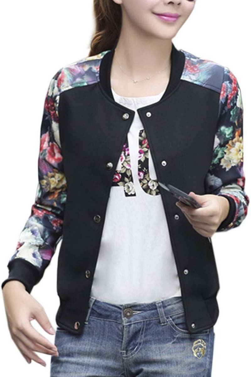 

Women's Casual Slim Fit Round Neck Floral Print Baseball Bomber Jacket, Black