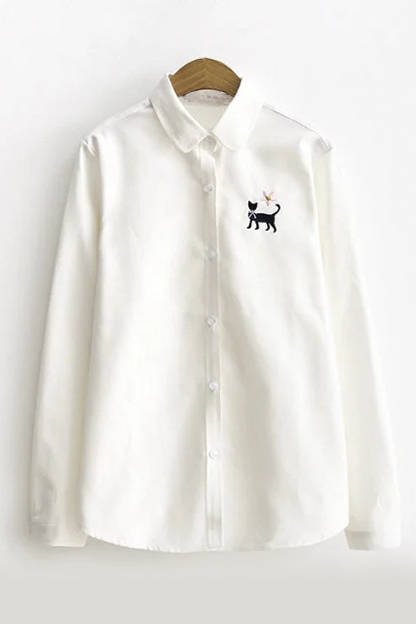 

Women's Basic Single Breasted Long Sleeve Cat Embroidery Shirt, White