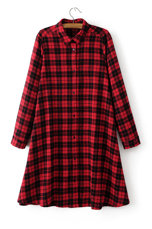 

Women's Plaid Lapel Single Breasted Long Sleeve A-Line Shirt Dress, Red