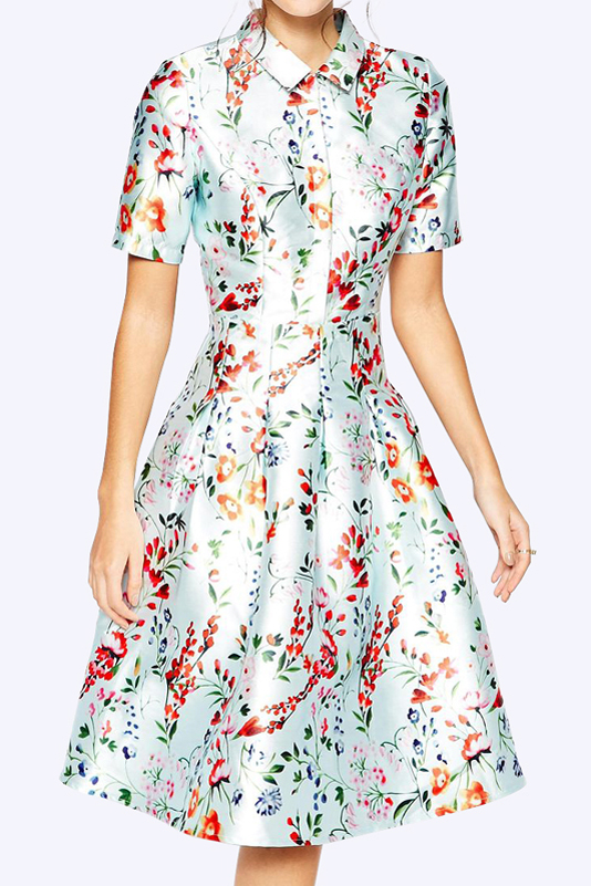 

Women's Elegant Lapel Collar Short Sleeve Floral Print Midi Flare, Blue