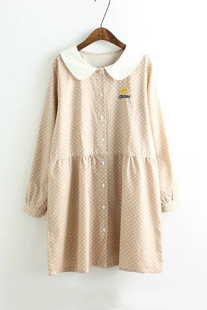 

Contrast Peter Pan Collar Single Breasted Polka Dots Embroidery, Beige