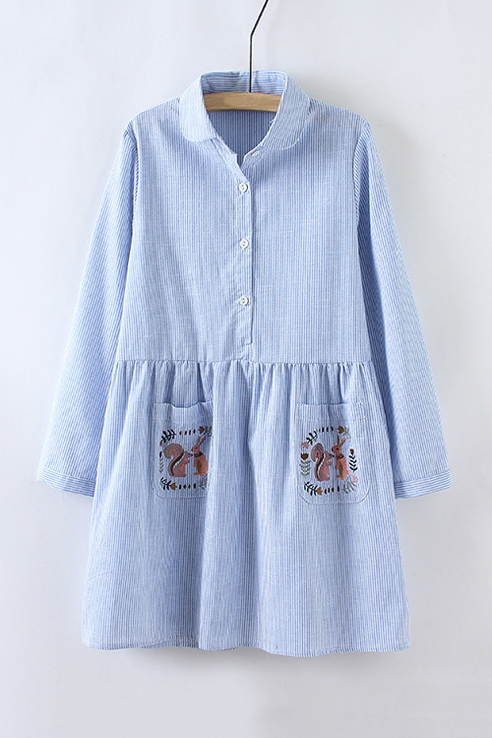 

Lapel Collar Long Sleeve Striped Print Buttons Down Shirt Dress with, Blue