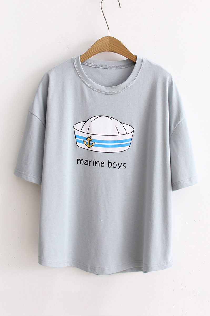 

Hat Marine Boys Letter Printed Dropped Short Sleeve Round Neck Casual, Green