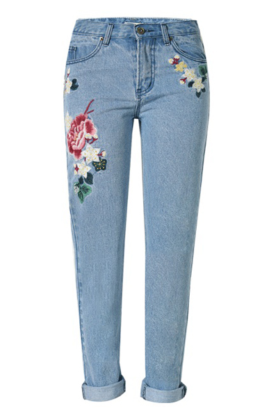 

Floral Embroidered Basic Straight Legs Jeans with Pockets, Blue