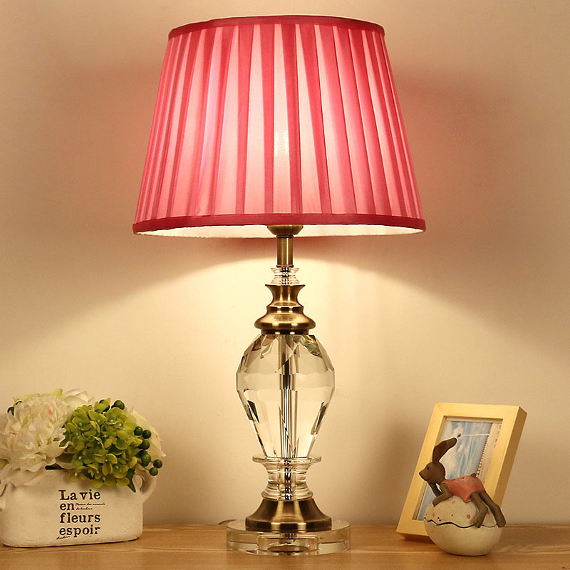 1 Bulb Fabric Nightstand Light Minimalism Blue Pink Beige Tapered Bedroom Table Lamp With Urn Shaped Crystal Base Beautifulhalo Com