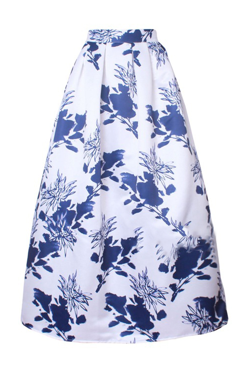 

Floral Printed OL Maxi Skirt for Women High Waist, Blue