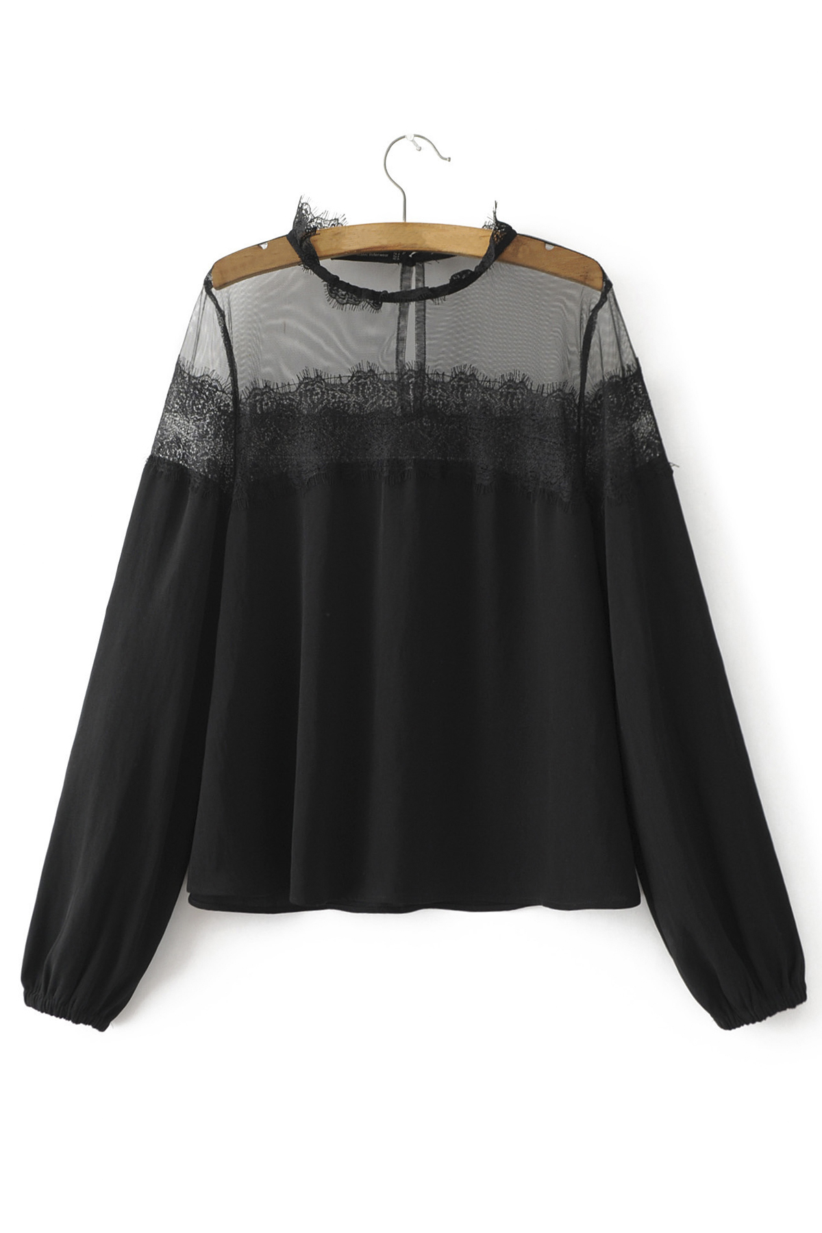 

Women's Sexy Sheer Gauze Patched Round Neck Long Sleeve Casual Blouse, Black