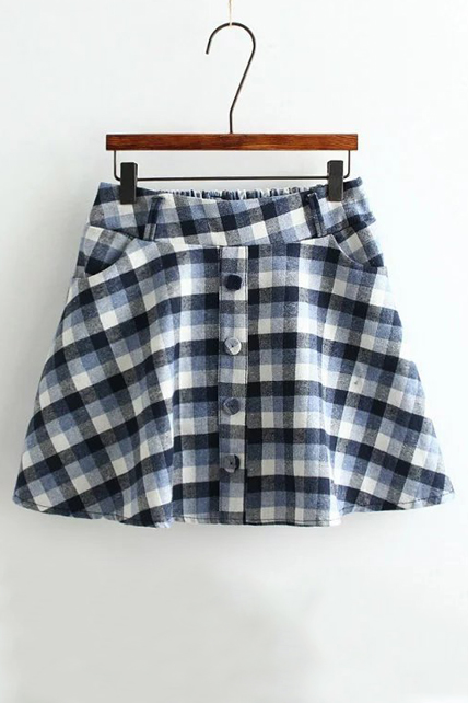 

Women's Plaid Color Block Elastic Waist Mini A-Line Skirt with Two, Blue