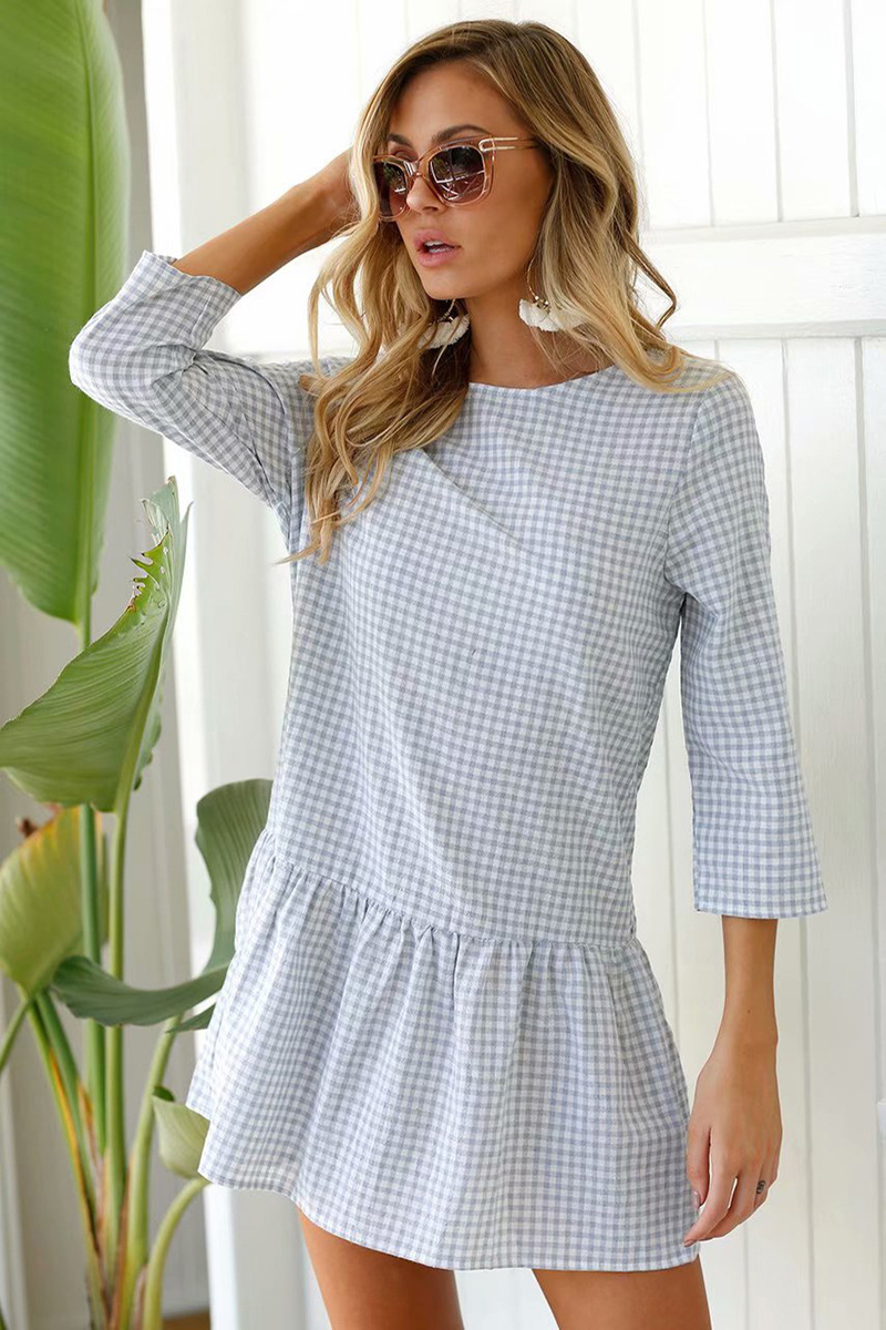 three quarter sleeve round neck light grey dress