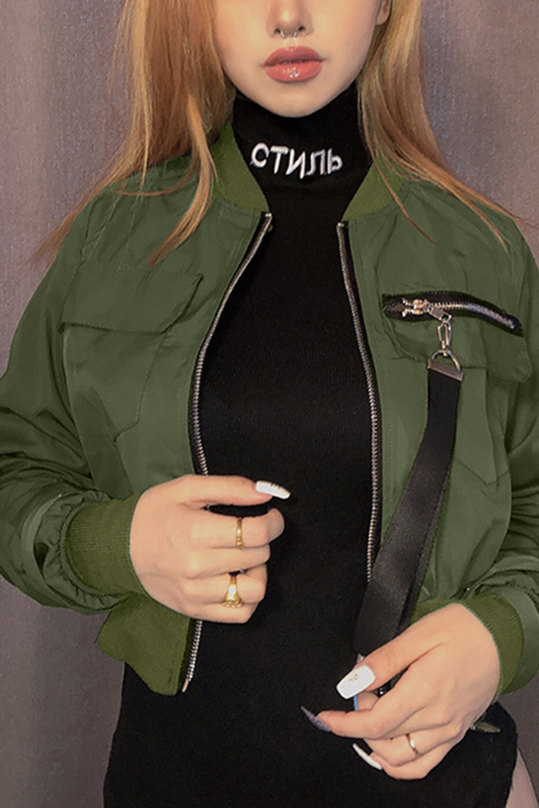 Womens Fashionable Stand Collar Long Sleeve Zipper Ribbon Embellished Flap Pocket  Zip Up Casual Cropped Bomber Jacket - Beautifulhalo.com