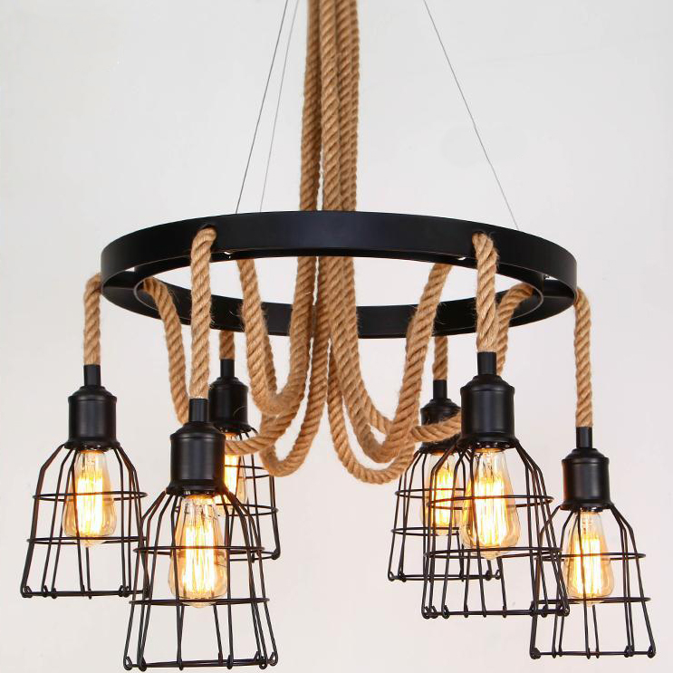 

Black Round Finish 6 Light Rope Chandelier with Wire Guard