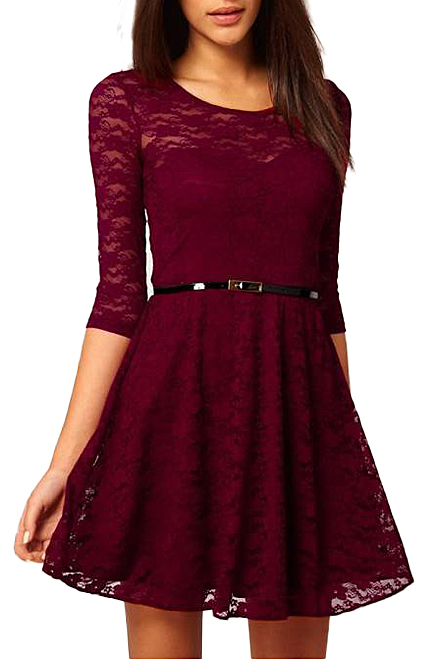 

Round Neck 1/2 Sleeve Lace Pleated Dress, Burgundy
