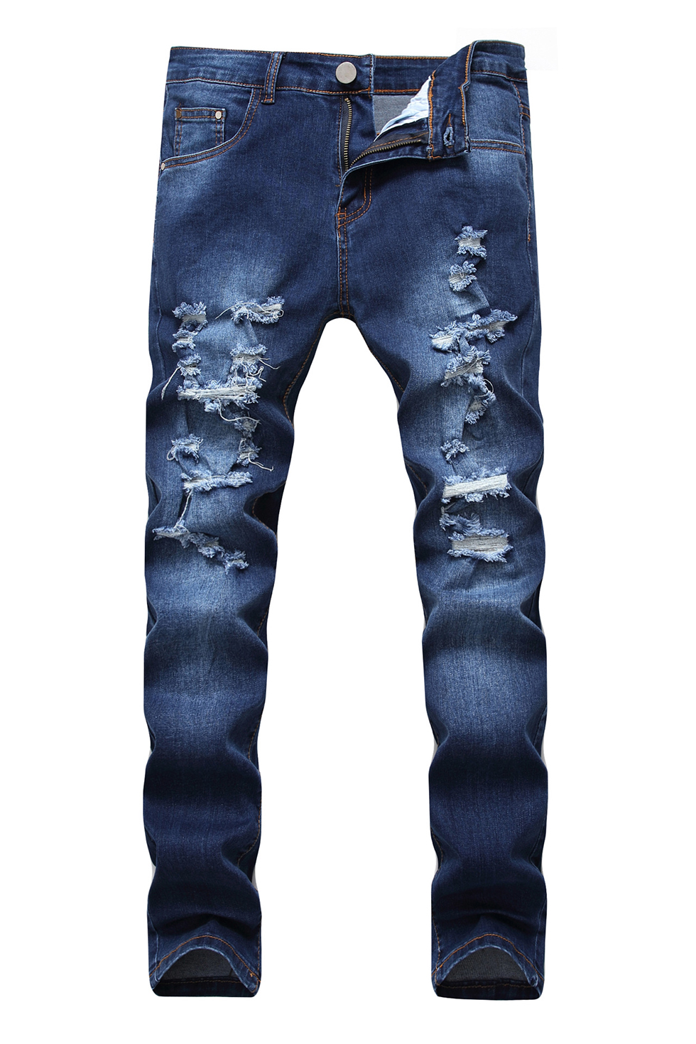 Men S New Stylish Dark Blue Wear Distressed Stretch Slim Fit Ripped Jeans Beautifulhalo Com