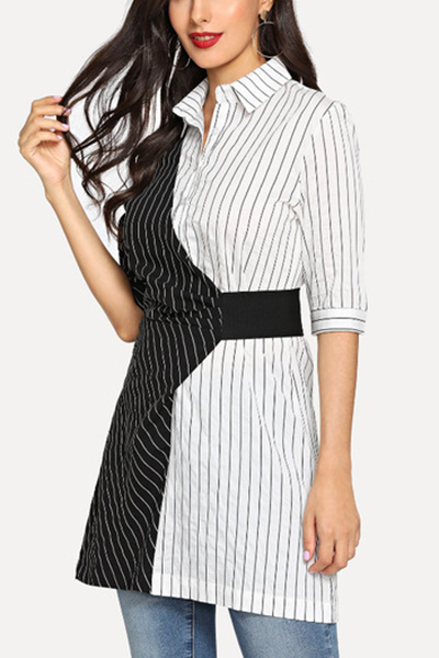 Women S Half Sleeve Collared Color Block Striped Printed Mini Shirt Black And White Dress Beautifulhalo Com