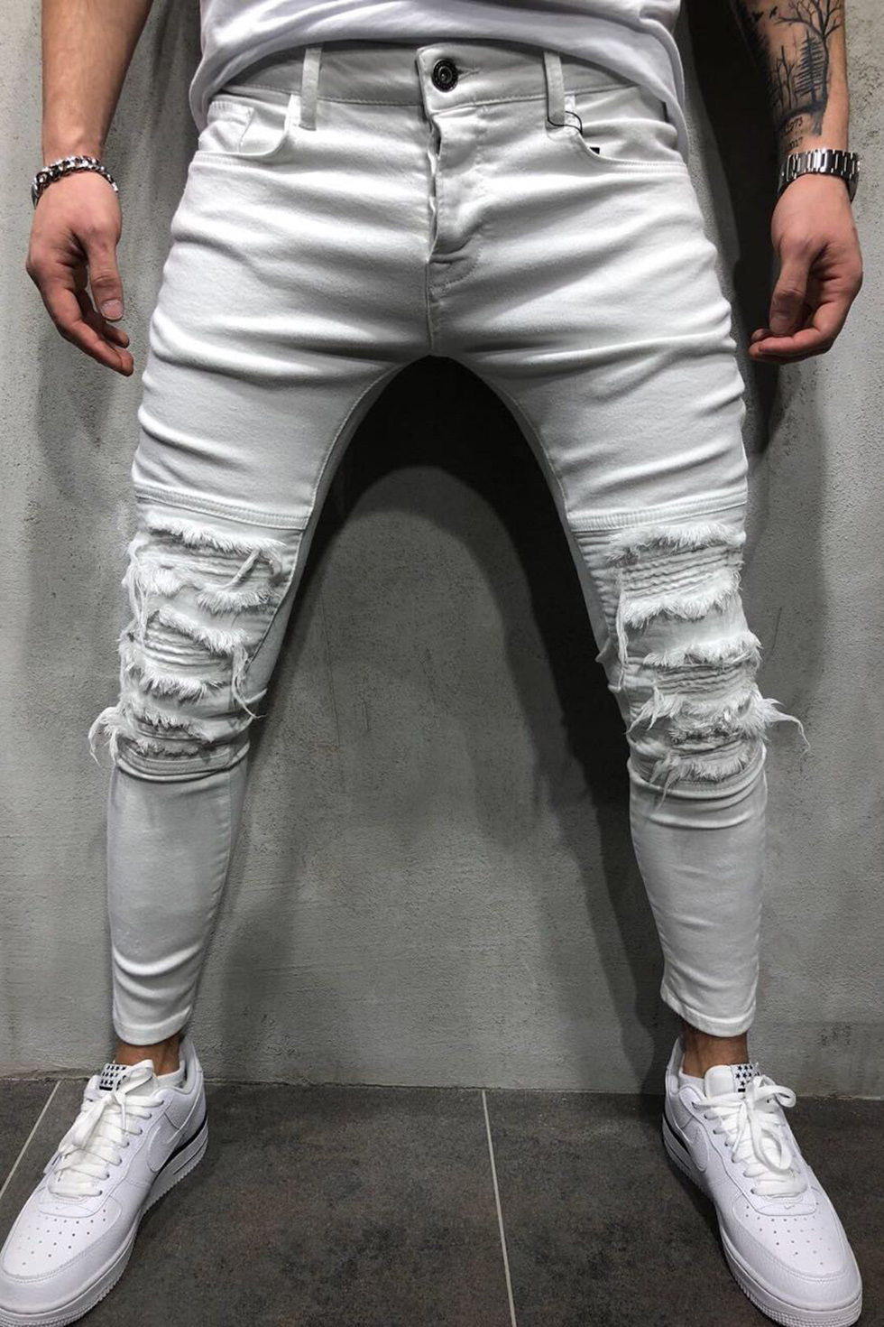 white ripped stretch jeans