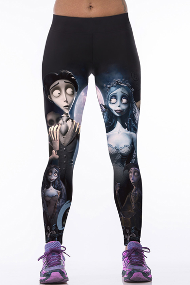 

Black Elastic Waist Corpses Print Yoga Leggings