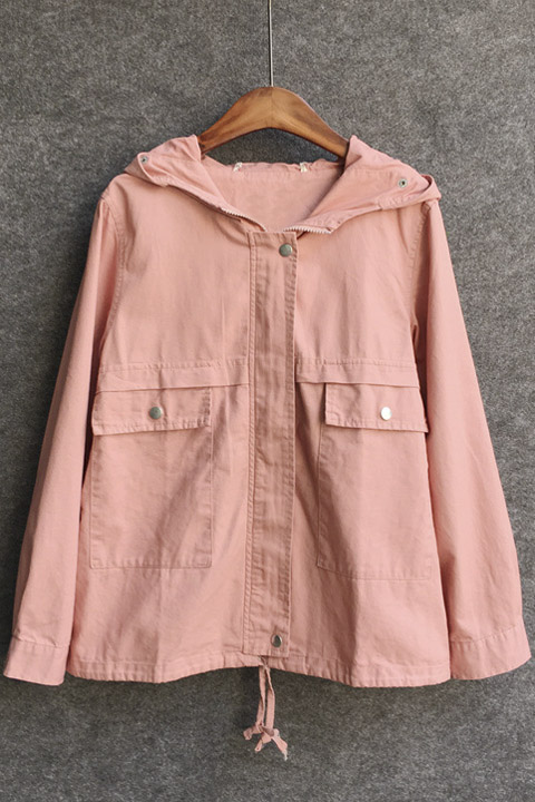 

Solid Zip Front Long Sleeve Hooded Coat, Pink