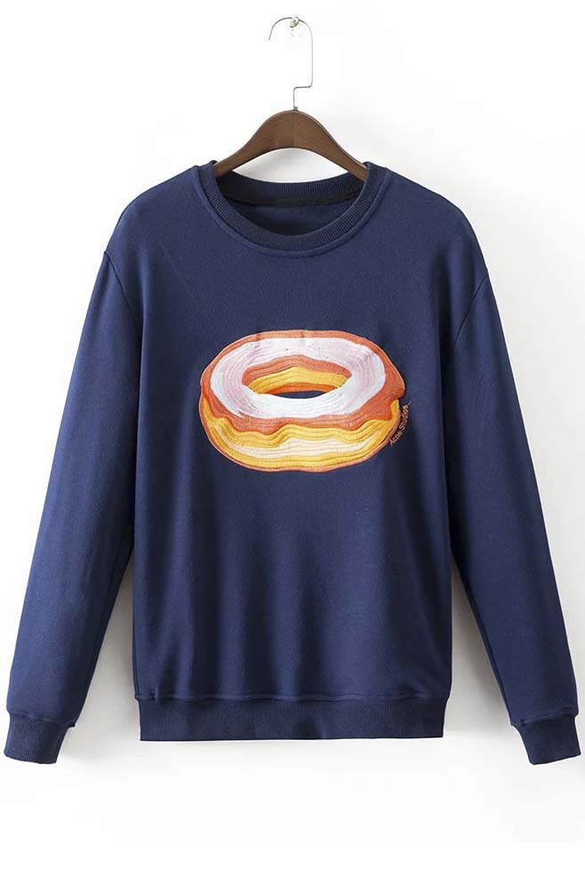 

Fashion Embroidery Doughnut/Microphone/Banana Pullover Sweatshirt with, Navy