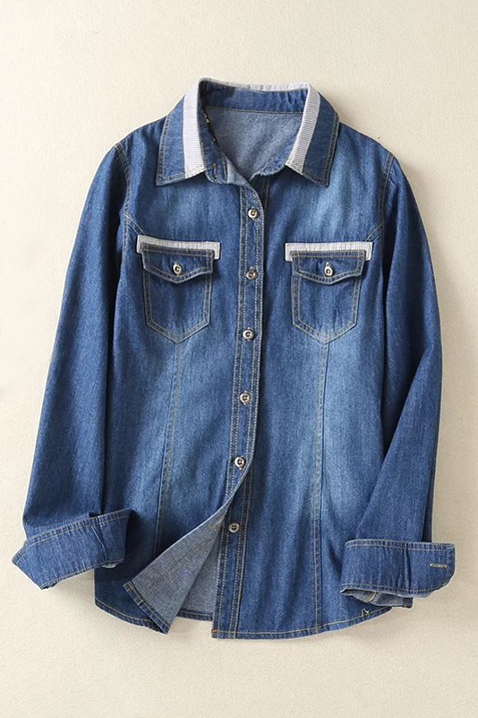 

Lapel Single Breasted Long Sleeve Denim Shirt with Two Pockets, Blue