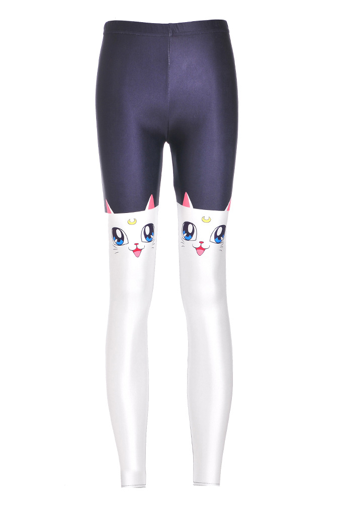 

Lovely Fashion Cartoon Cat 3D Printed Color Block Leggings, White