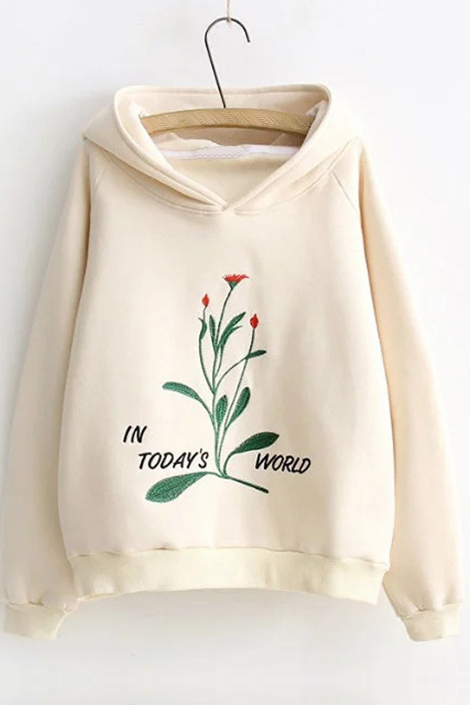 

New Design Letter Floral Embroidered Long Sleeve Cotton Casual Hoodie, White