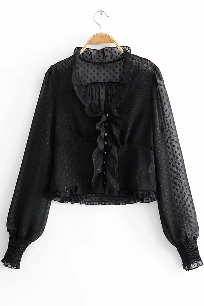 black blouse with sheer sleeves