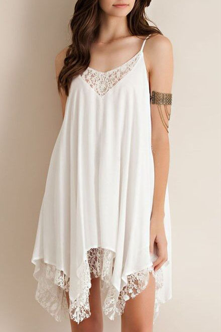 

Relaxed Crochet Paneled Asymmetrical Hem Swing Cami Dress, White