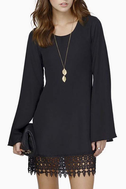 

Plain Round Neck Long Sleeve Simple Style Dress With Lace Hem, Black