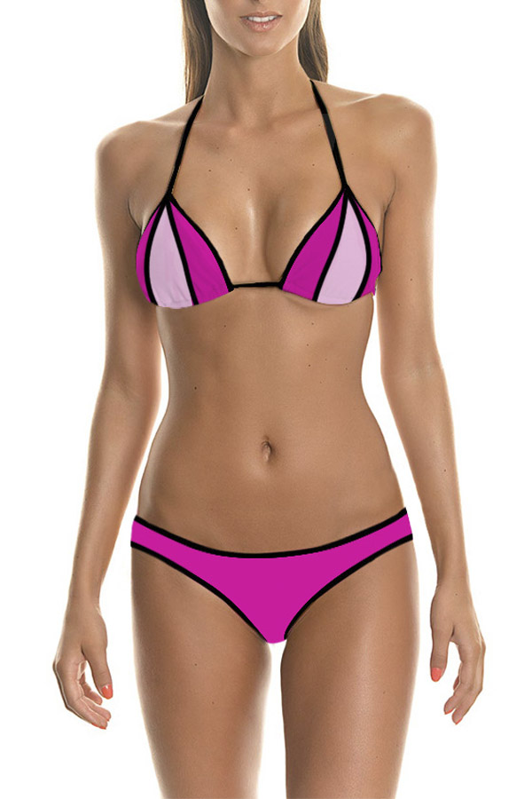 

Stripe Printed Halter Collar Color Block Sexy Triangle Bikini Set, Red