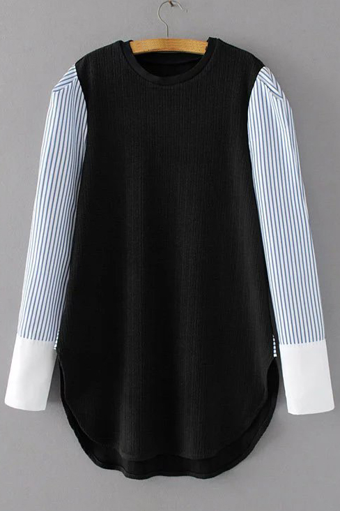 

Striped Color Block Long Sleeve Patchwork Round Neck Mini T-Shirt, Black