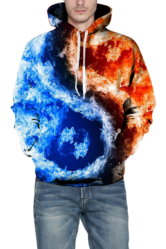 3d color block fire printed long sleeve hoodie