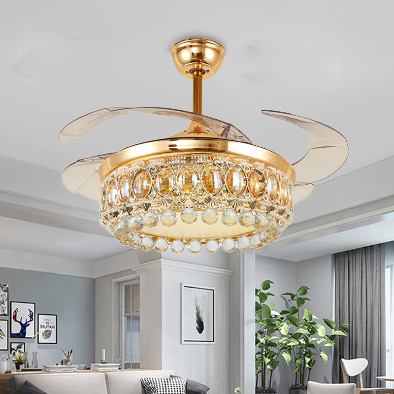 Crown Led Ceiling Fan Vintage Style Clear Crystal Gold Finish Semi Flush Light Beautifulhalo Com - Flush Mount Ceiling Fans With Crystal Lights