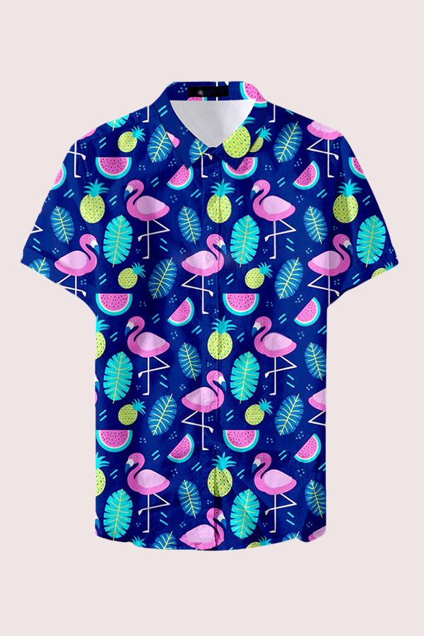 Pineapples and Flamingos Mens Short Sleeve Polo Shirt Regular Blouse Sport Tee