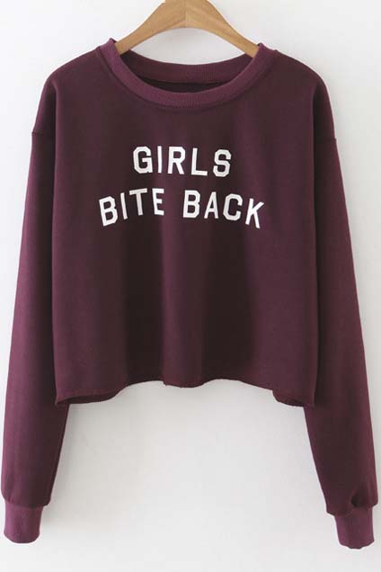 

New Stylish Letter Print Round Neck Long Sleeve Cropped Pullover, Burgundy