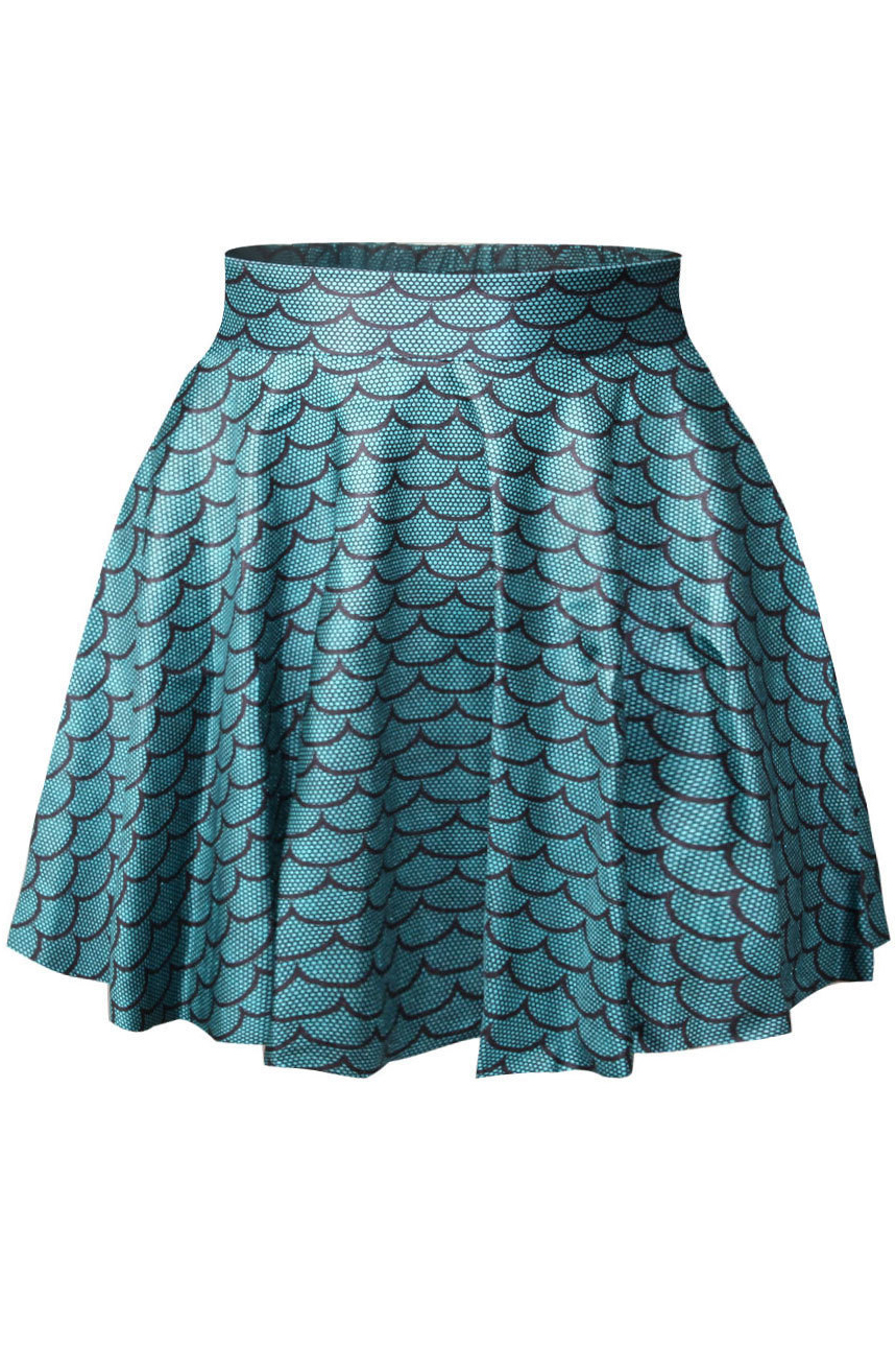 

Fish Scale Print Elastic Waist Mini Flared Skirt, Green