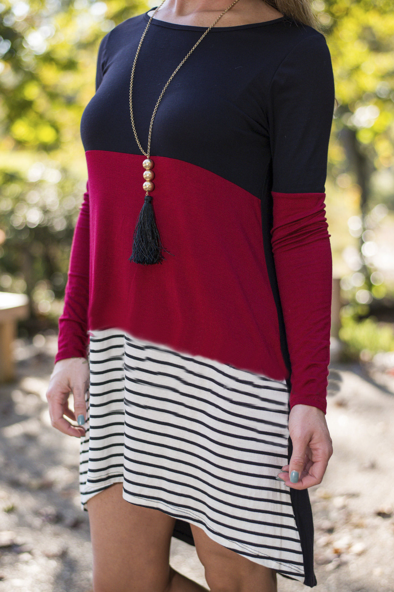 

Round Neck Color Block Stripe Trims Dip Hem Midi Dress, Red