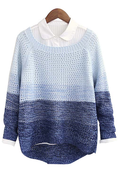 

Stylish Color Block Long Sleeve Dip Hem Open Knitted Sweater, Blue