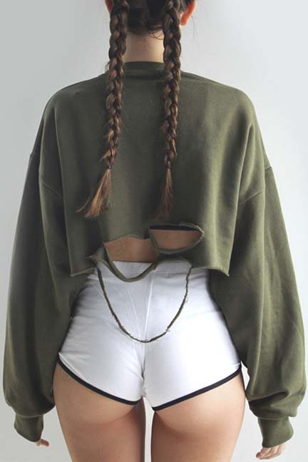 

Sexy Broken Hole Back Pullover Cropped Sweatshirt, Green