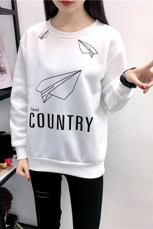 

Fashion Paper Airplane Letter Printed Round Neck Pullover Sweatshirt, White